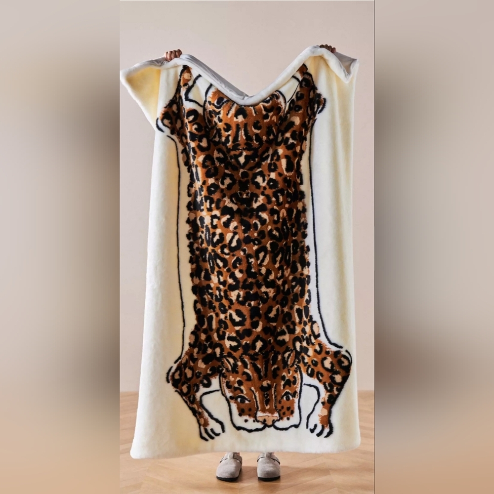 Anthropologie Cream and Leopard Print Faux Fur Throw Blanket